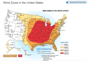 A map showing the major wind zones in the United States