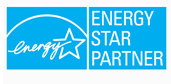 Blue and white Energy Star Partner logo. The design features the word "energy" with a star inside an arc, alongside "Energy Star Partner" text on the right, symbolizing efficiency much like a cool metal roof designed for sustainability and energy savings.