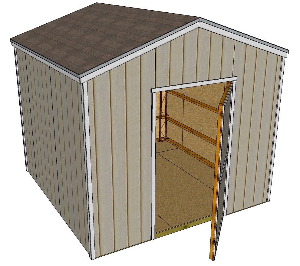 A 3D rendering of a small, beige wooden shed with a gabled roof. The shed has an open door revealing an empty interior with visible wooden framing and a simple floor. The roof is covered with brown shingles. The shed has white trim around the edges.