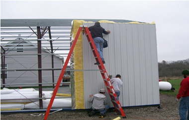 Sheeting your custom steel building is quick and easy with self drilling and self sealing fasteners from Worldwide Steel Buildings.