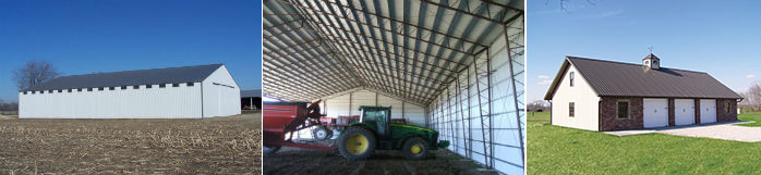 Three images of agricultural structures in Missouri: a white barn in a field, the inside of a barn with a tractor, and another barn with a stone facade and garage doors. Each metal building features a metal roof and is set against clear skies.