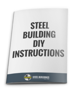 A booklet titled "Steel Building DIY Instructions" features a globe logo with "Worldwide Steel Buildings" on a blue band at the bottom, offering insights into different types of structures.