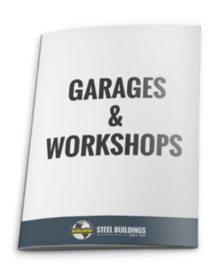 A brochure with the title "Garages & Workshops." The cover has a minimalist design with bold gray text on a white background. A small footer features the logo "Worldwide Steel Buildings Since 1983.