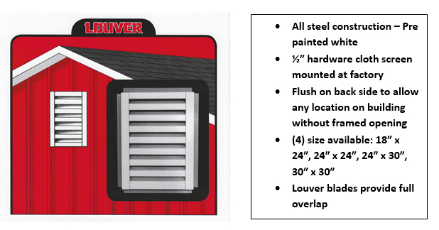 Illustration of a red building featuring a white louver vent, perfect for metal buildings. Text on the right lists specs: steel construction, pre-painted white, hardware cloth screen, flush back side, sizes (18"x24", 24"x24", 24"x30", 30"x30"), and full overlap blades.