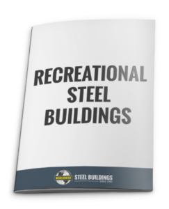 A brochure titled "Recreational Steel Buildings" with a white cover and bold gray text. The bottom features a logo with the text "Worldwide Steel Buildings Since 1983" on a dark gray band.