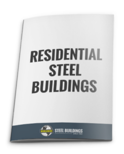A brochure titled "Residential Steel Buildings" with a white cover and bold, gray text. The bottom features a blue band with a logo and the words "Worldwide Steel Buildings Since 1983.