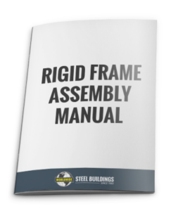 The "Rigid Frame Assembly Manual" booklet showcases a clean design, featuring a blue band with the Worldwide Steel Buildings logo and text "Since 1983." Ideal for those exploring different types of steel buildings, this brochure is both informative and elegantly simple.