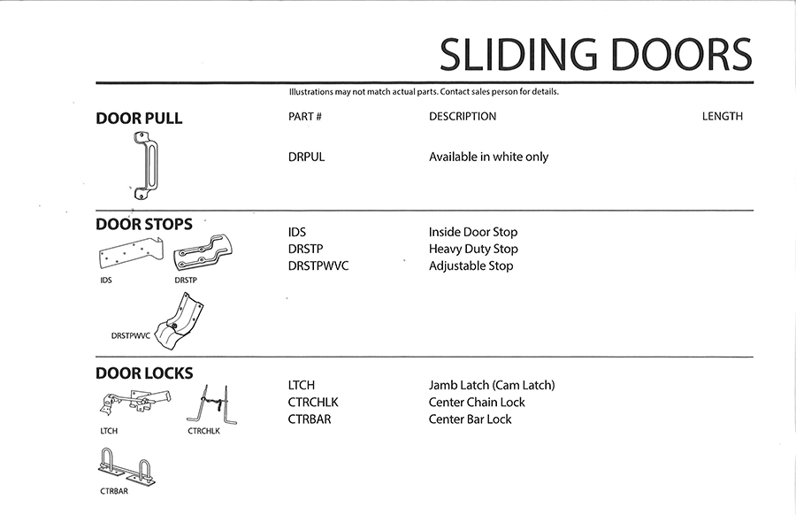 This black and white diagram showcases steel sliding door hardware, featuring detailed illustrations and descriptions of a door pull, various door stops (inside door stop, heavy-duty stop, adjustable stop), and robust locking mechanisms like the jamb latch and two center locks.