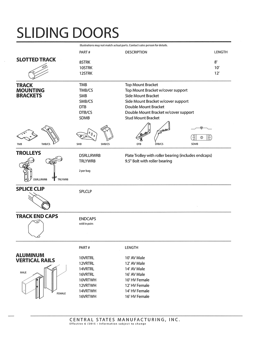 Diagram of steel sliding door components including track mounting brackets, trolleys, splice clip, end track caps, and aluminum vertical rails. Components are listed with part numbers, descriptions, and lengths. Branding at the bottom for Central States Manufacturing.