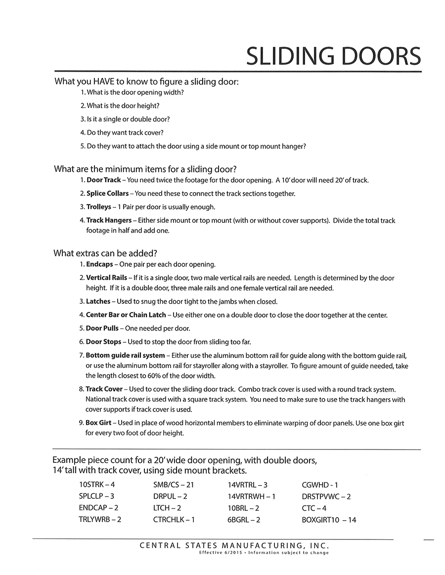 An instructional guide titled "Sliding Doors" outlines essential information and lists minimum items for installing steel sliding doors, including door tracks, splice collars, and more. It also explains door-related terminology and parts such as endcaps, vertical rails, and door latches.