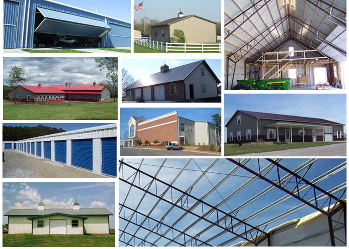  A collage of various steel buildings designed and built by Worldwide Steel Buildings.