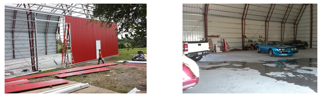 A red, outdoor, steel garage designed and built by Worldwide Steel Buildings for a client in Brenham, VA.