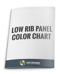 A brochure cover with the title "Low Rib Panel Color Chart." The bottom features a logo and the text "Worldwide Steel Buildings Since 1983" on a blue band.