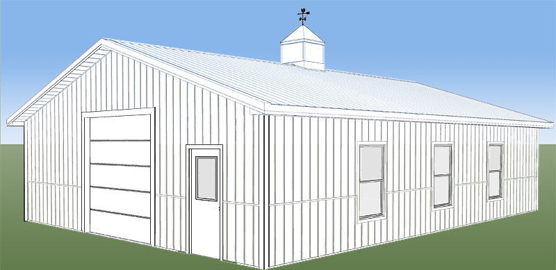 A 3D rendering of a white metal barn with a gable roof, featuring a large roll-up door and a side entrance. Windows line the side, and a cupola with a weather vane crowns the top. The building is set against a clear blue sky—a perfect scene for an SEO-friendly image description.