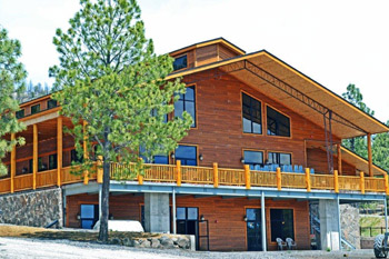 A large wooden cabin with a spacious porch and balcony, surrounded by pine trees. Elevated on stone pillars with multiple windows, this serene retreat cleverly integrates steel construction for enhanced durability while maintaining its rustic charm.