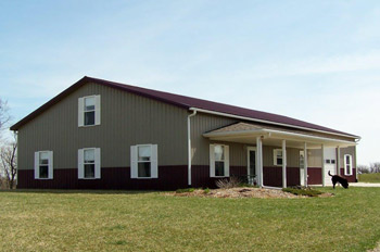 This charming single-story barn-style house features a sturdy steel frame construction, complemented by its brown roof and beige siding. Large windows and a covered porch overlook the expansive grassy lawn, where a dog enjoys a stroll under the clear blue sky.