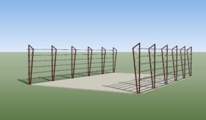 A 3D rendering of a large rectangular frame structure with steel supports on a concrete platform, set in an open area with a clear blue sky. The frame suggests a future assembly for construction or scaffolding projects.