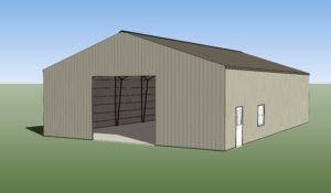 Overview: A 3D model of a beige metal warehouse, expertly showcasing a large open sliding door, a smaller white door, and two windows. This steel building stands proudly on a green surface with the backdrop of a clear blue sky, encapsulating the artistry of precise assembly.