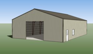 Illustration of a large, light brown steel building with a partially open sliding door. The structure features a sloped roof, a side door, and a window. In the background, blue skies and green grass provide a serene overview of this well-assembled structure.