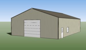 A 3D rendering provides an overview of a large, beige steel building with a single rolling door at the front and a side door featuring a small window. The sleek structure stands on lush green ground under a clear blue sky.