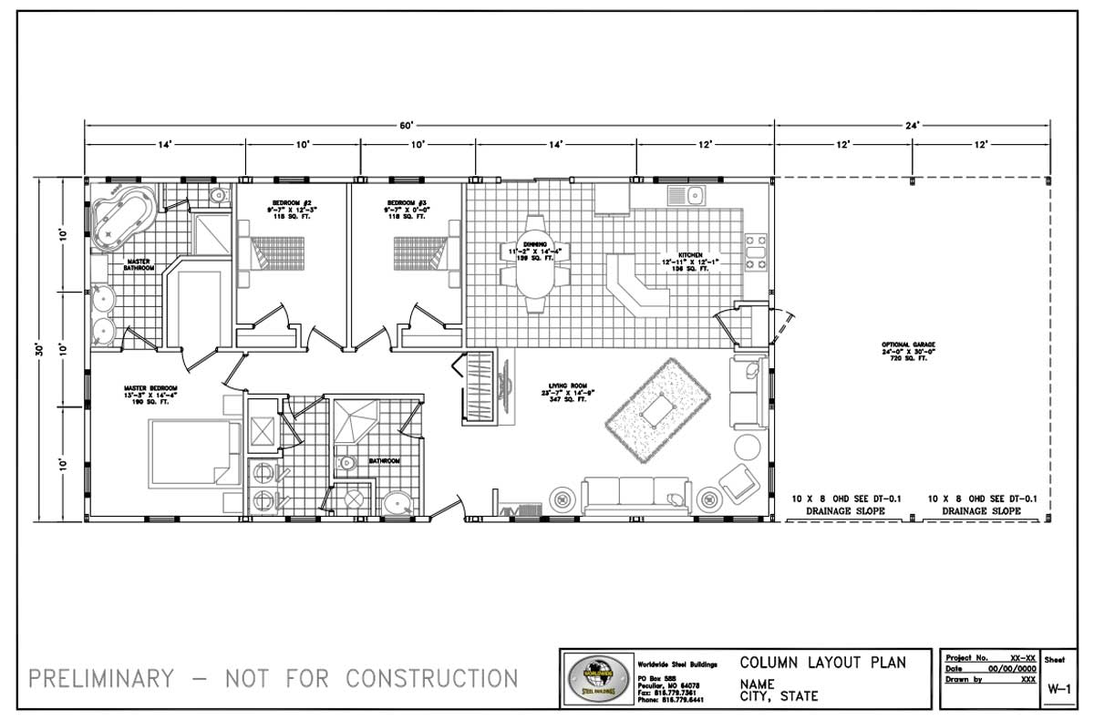 Residential steel home floor plans for a 30’ x 60’ metal home from Worldwide Steel Buildings.