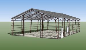 3D rendering of a partially constructed metal building frame with a pitched roof. The structure stands on a concrete floor, displaying a grid-like pattern of beams and supports against a clear blue sky.