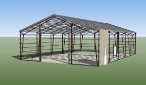 A 3D rendering of a metal-frame structure under construction, featuring a gabled roof and open walls. The building sits on a concrete foundation, and is set against a blue sky and green ground background.