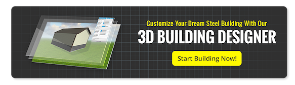 Text reading "Customize your dream steel building with our 3d building designer. Start building now!" over a blueprint background