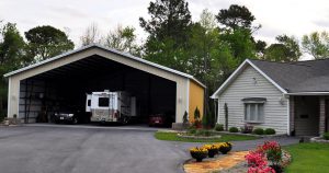 A steel RV storage built by Worldwide Steel Buildings for a home in Newport, NC.