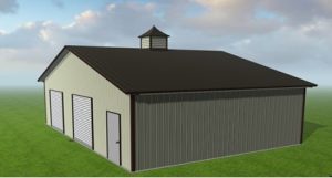 A rendering of a steel storage building designed by Worldwide Steel Buildings with a light green exterior and a brown roof.