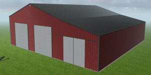 A rendering of a steel industrial building designed by Worldwide Steel Buildings with a red exterior and a dark gray roof.