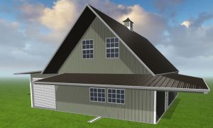 A rendering of a steel recreational building designed by Worldwide Steel Buildings with a light green exterior and a brown roof.