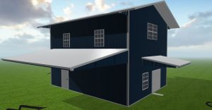 A rendering of a steel residential building designed by Worldwide Steel Buildings with a dark blue exterior and a white roof.