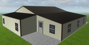 A rendering of a steel commercial building designed by Worldwide Steel Buildings with a cream colored exterior and a black roof.