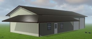 A rendering of a steel commercial building designed by Worldwide Steel Buildings with a light exterior and a dark roof.
