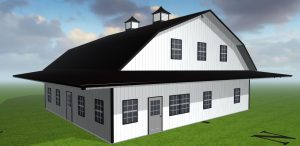 A rendering of a steel barndominium designed by Worldwide Steel Buildings with white walls and a black roof.