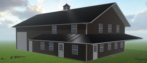 A rendering of a steel home designed by Worldwide Steel Buildings with maroon walls and a black roof.