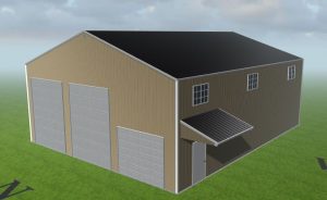 A rendering of a steel garage building designed by Worldwide Steel Buildings with a tan exterior and a black roof.