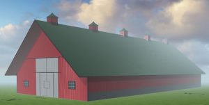 A rendering of a steel agricultural building designed by Worldwide Steel Buildings with a red exterior and a green roof.