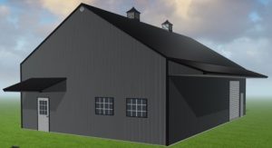 A rendering of a steel workshop designed by Worldwide Steel Buildings with a gray exterior and a black roof.