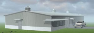 A rendering of a steel industrial building designed by Worldwide Steel Buildings with a light gray exterior and a white roof.