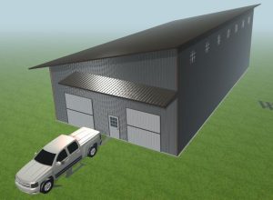 A rendering of a steel workshop designed by Worldwide Steel Buildings with a light gray exterior and a dark gray roof.