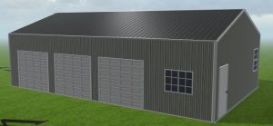 A rendering of a steel garage designed by Worldwide Steel Buildings with a light gray exterior and a dark gray roof.