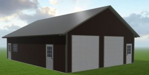 A rendering of a steel workshop designed by Worldwide Steel Buildings with a maroon exterior and a gray roof.