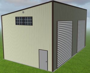 A rendering of a steel storage building designed by Worldwide Steel Buildings with a cream colored exterior.