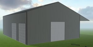 A rendering of a steel industrial building designed by Worldwide Steel Buildings with a light gray exterior.