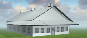 A rendering of a steel recreational building designed by Worldwide Steel Buildings with a white exterior and a white roof.