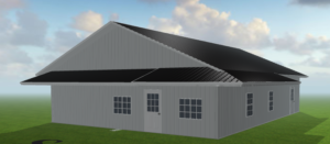 A rendering of a steel commercial building designed by Worldwide Steel Buildings with a white exterior and a black roof.