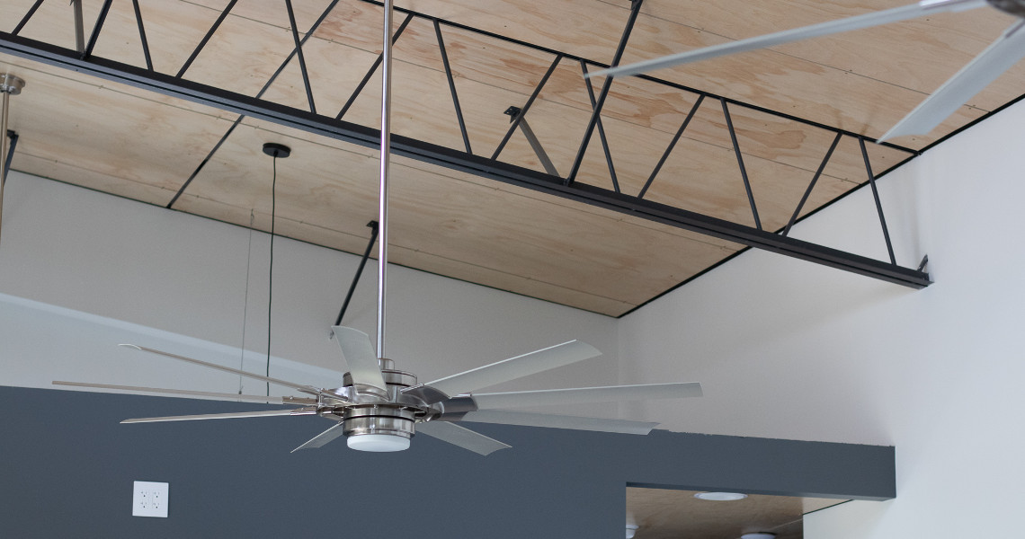 A hanging ceiling fan