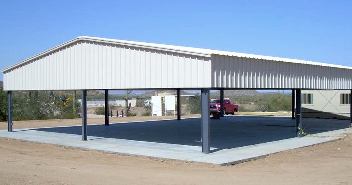 An outdoor steel pavilion designed and built by Worldwide Steel Buildings.